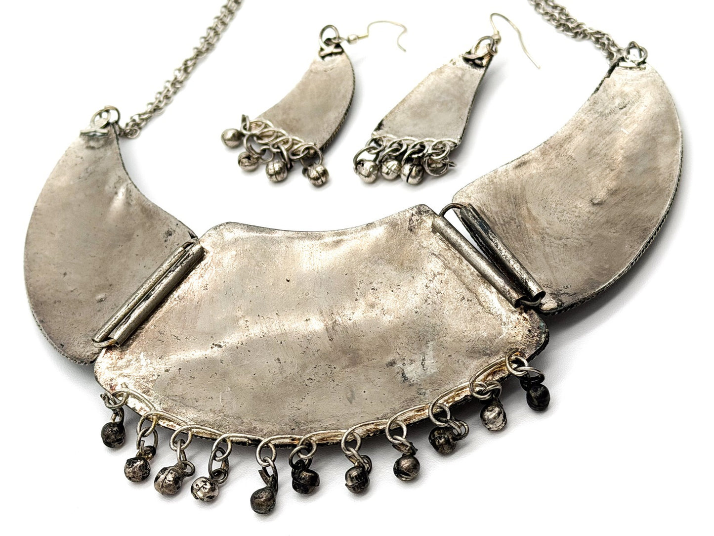 Vintage Statement Bib Necklace Set Silver Tone Ethnic Turkish Style Earrings