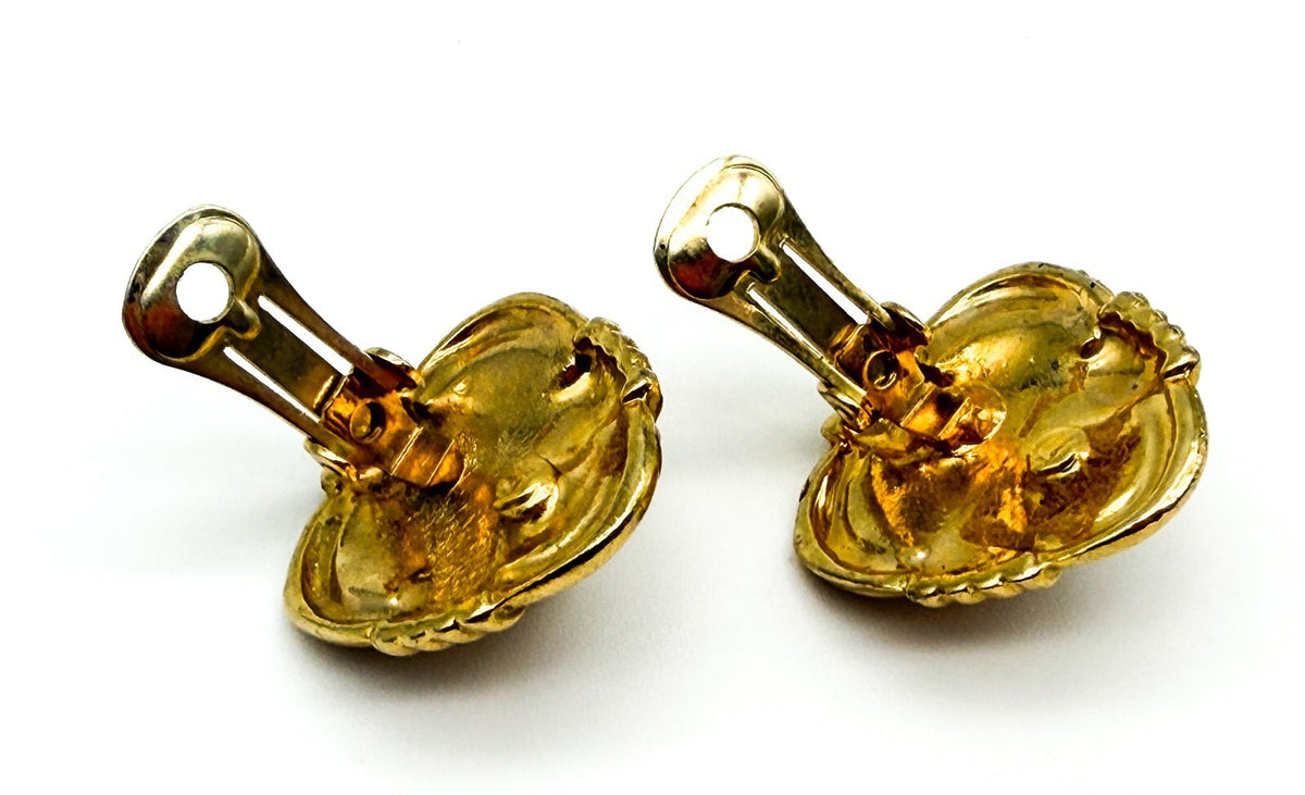 Vintage Gold Tone Faux Pearl Rhinestone Clip On Earrings Statement 1980s Retro