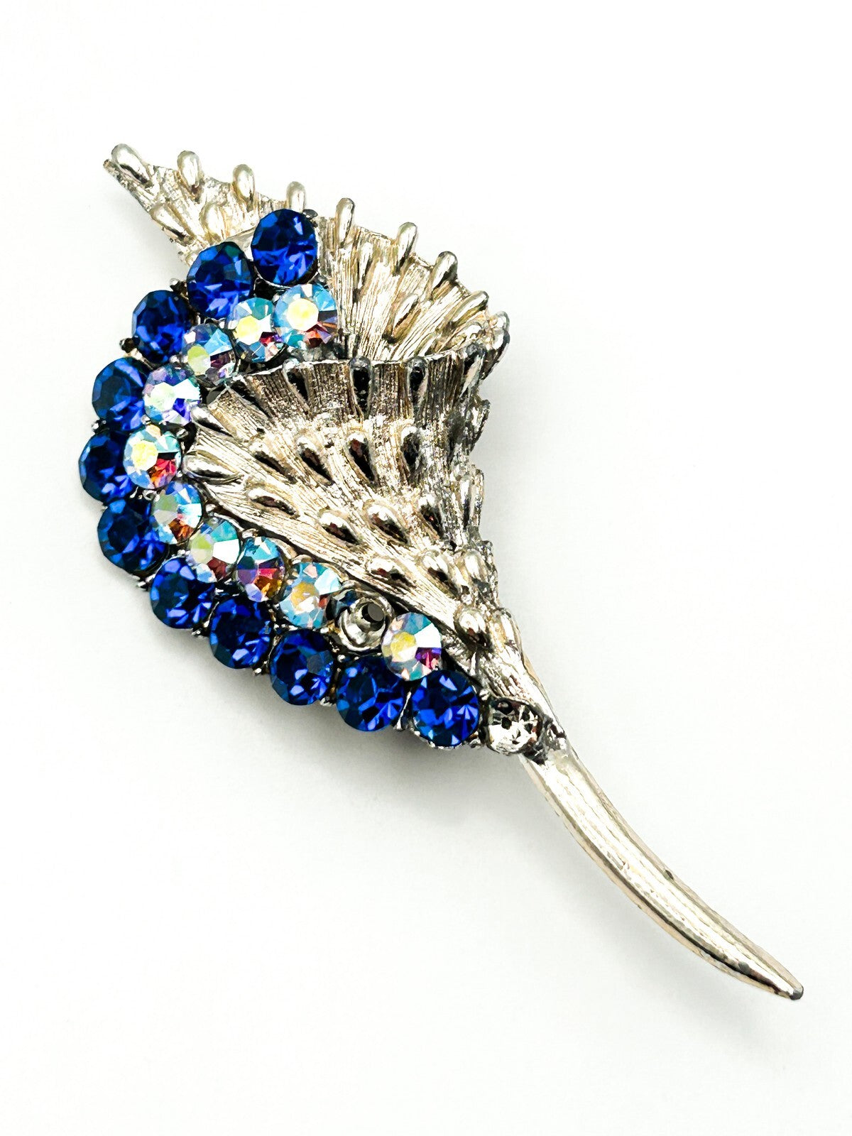 Vintage Style Blue Rhinestone Floral Spray Brooch Silver Tone Flower Statement