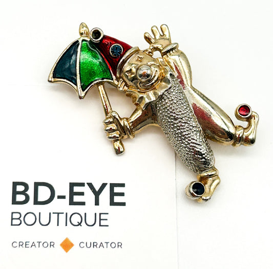 Vintage Enamel Clown Brooch with Umbrella