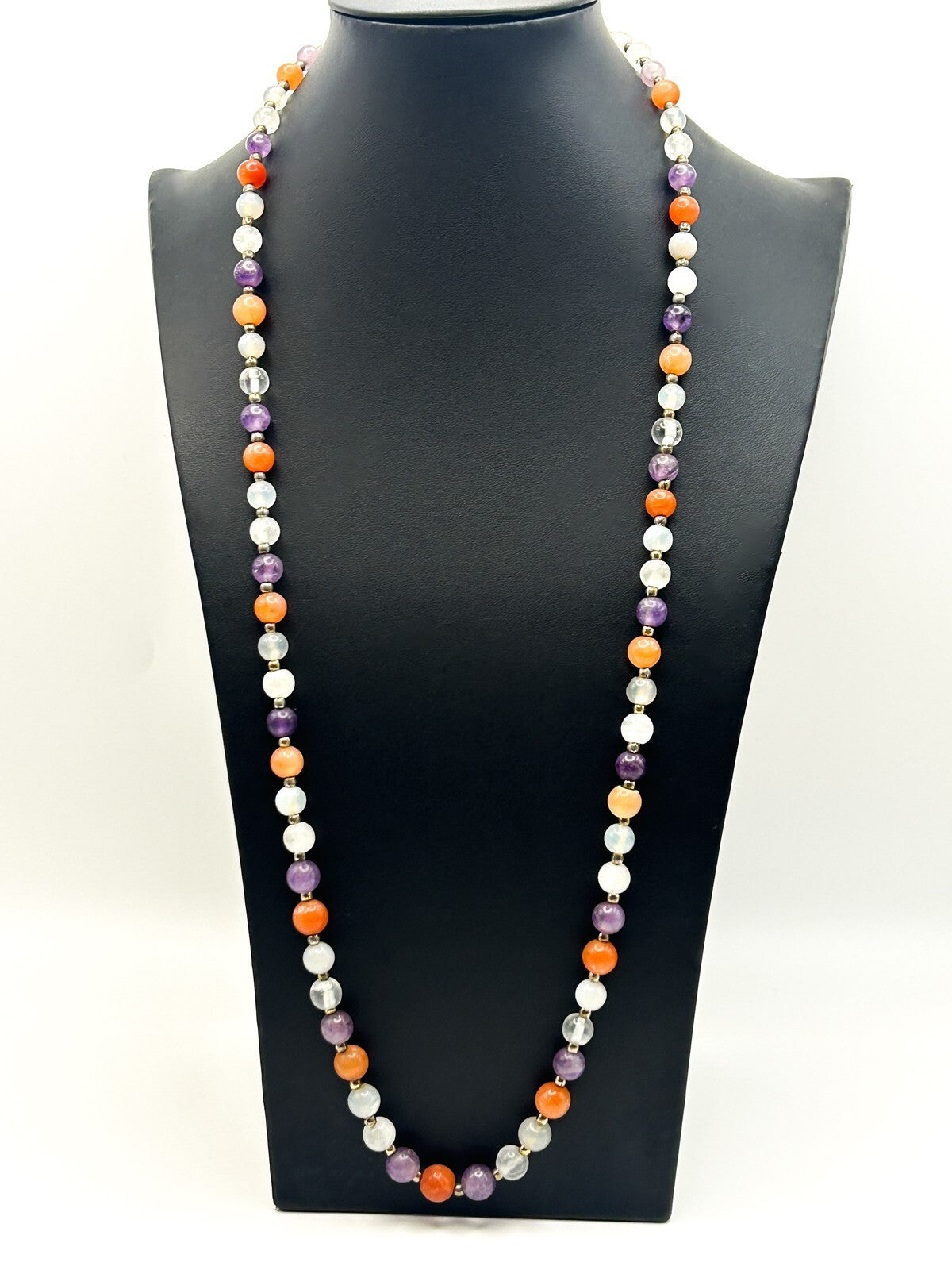 Vintage Carnelian, Amethyst & Quartz Gemstone Bead Necklace – 15” Orange Purple