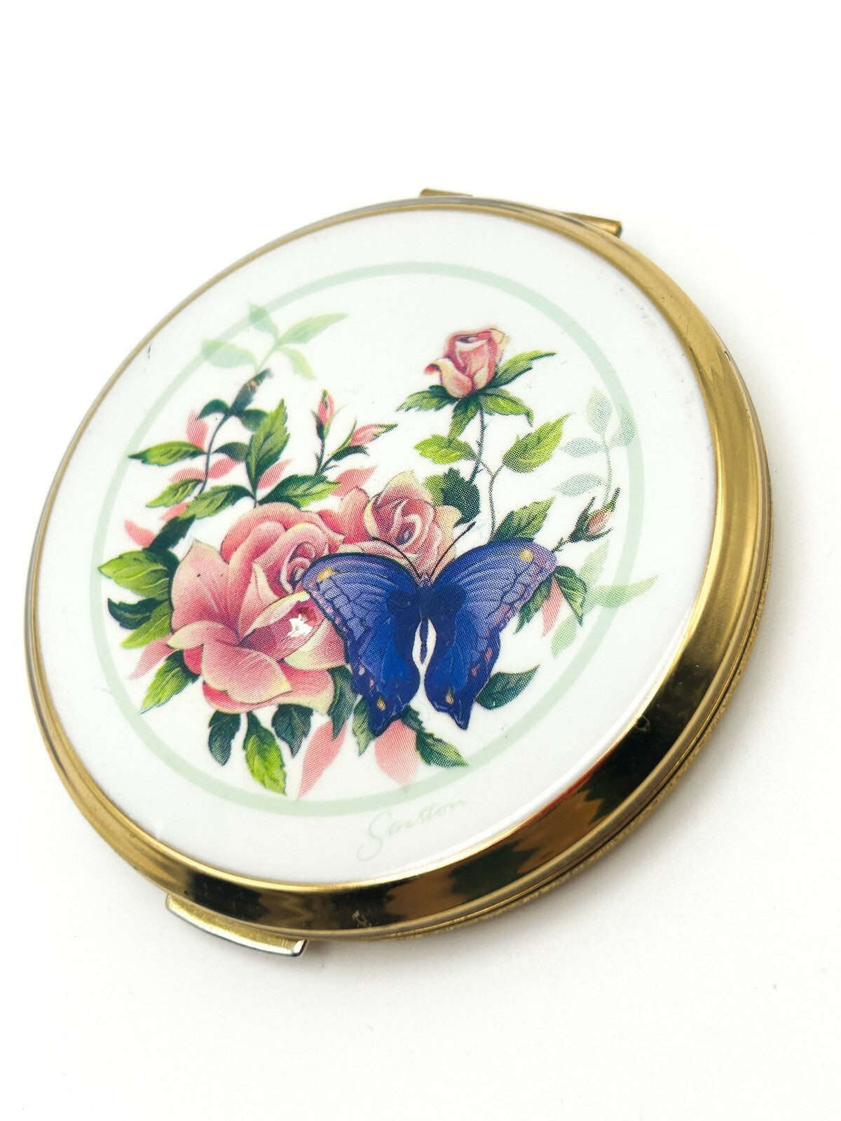 Vintage Stratton Floral Butterfly Powder Compact Gold Tone Mirror England