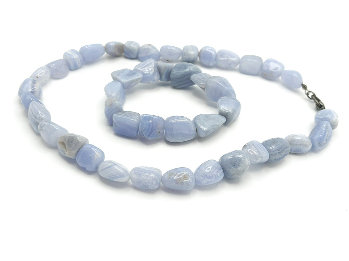 Blue Lace Agate Necklace & Bracelet Set - Semi Precious Gemstone Naturals Boho