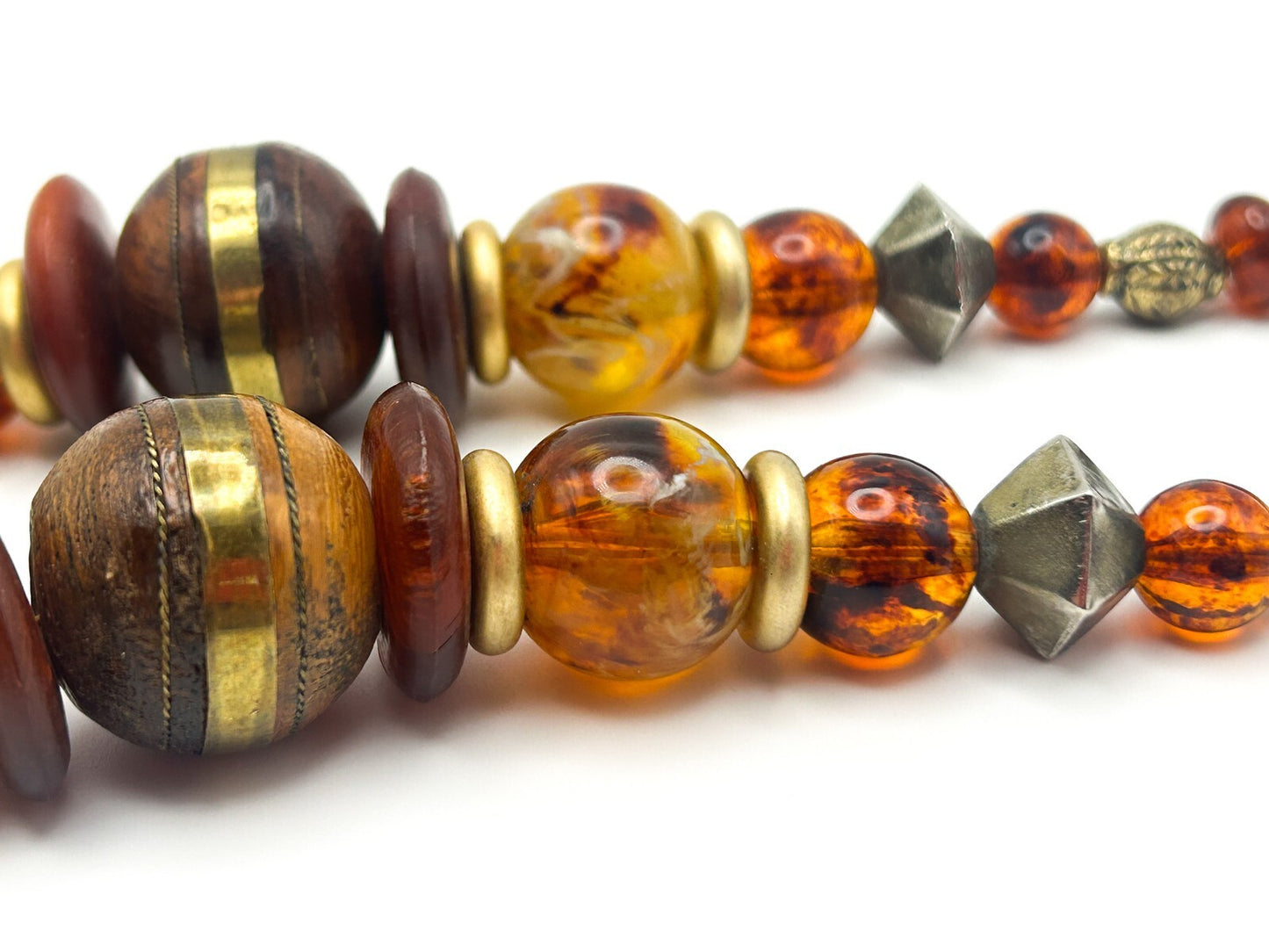Vintage Graduated Wood & Faux Amber Beaded Statement Necklace