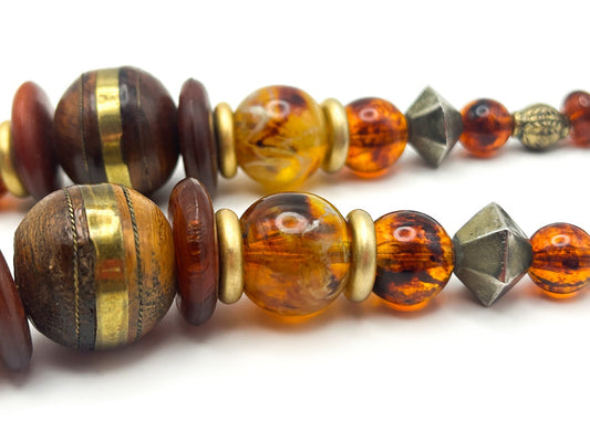 Vintage Graduated Wood & Faux Amber Beaded Statement Necklace
