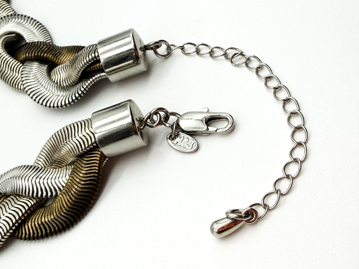 M&S Statement Necklace Mixed Metal Braided Snake Chain Wide Collar 18” Retro