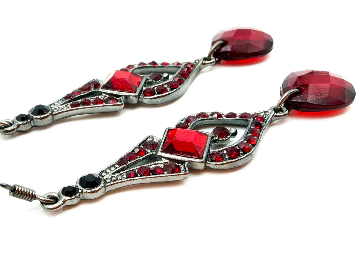 Art Deco Style Gothic Red Rhinestone Drop Earrings Gunmetal Teardrop Dangle