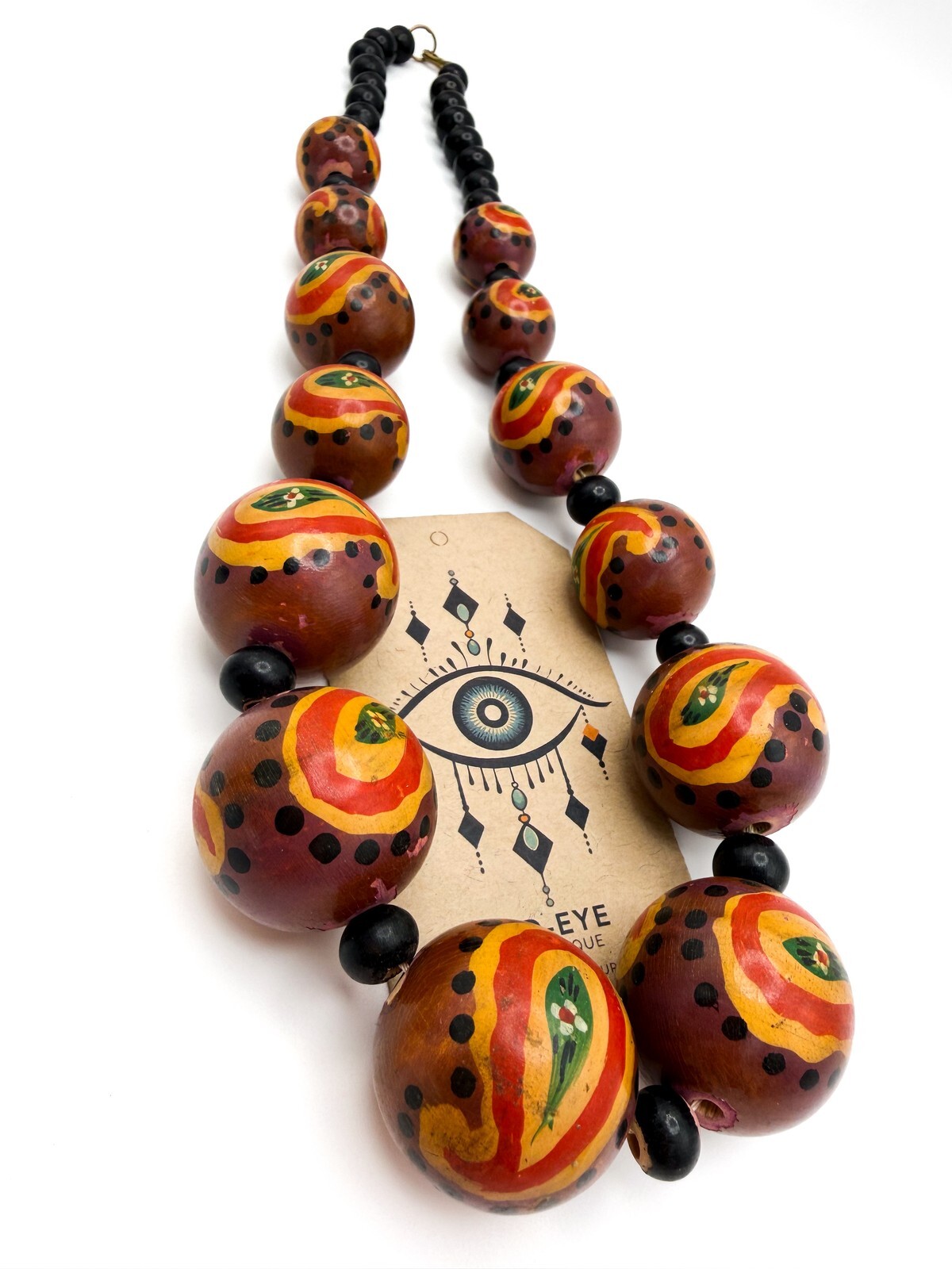 Graduated Hand-Painted Paisley Wooden Bead Necklace – Orange & Brown Tones