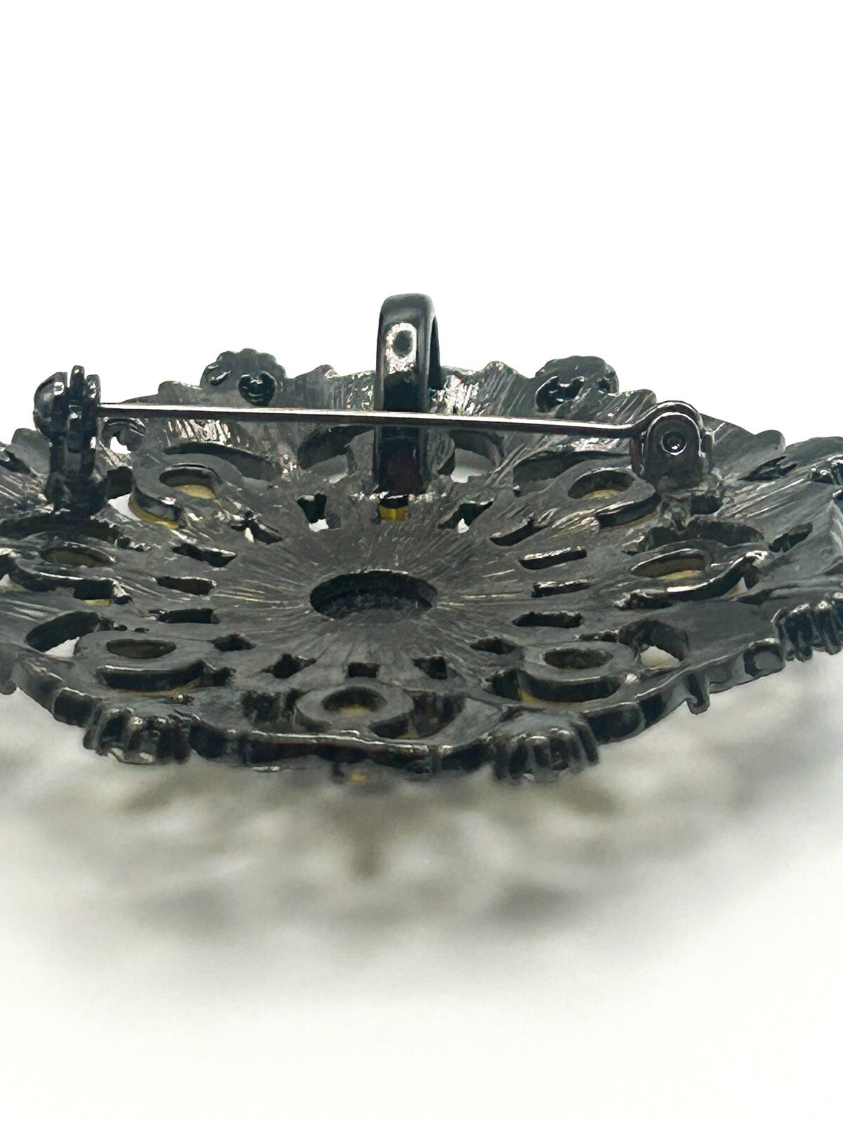 Ornate Gunmetal Floral Rhinestone Vintage Brooch with Lemon Cabochons – 6cm