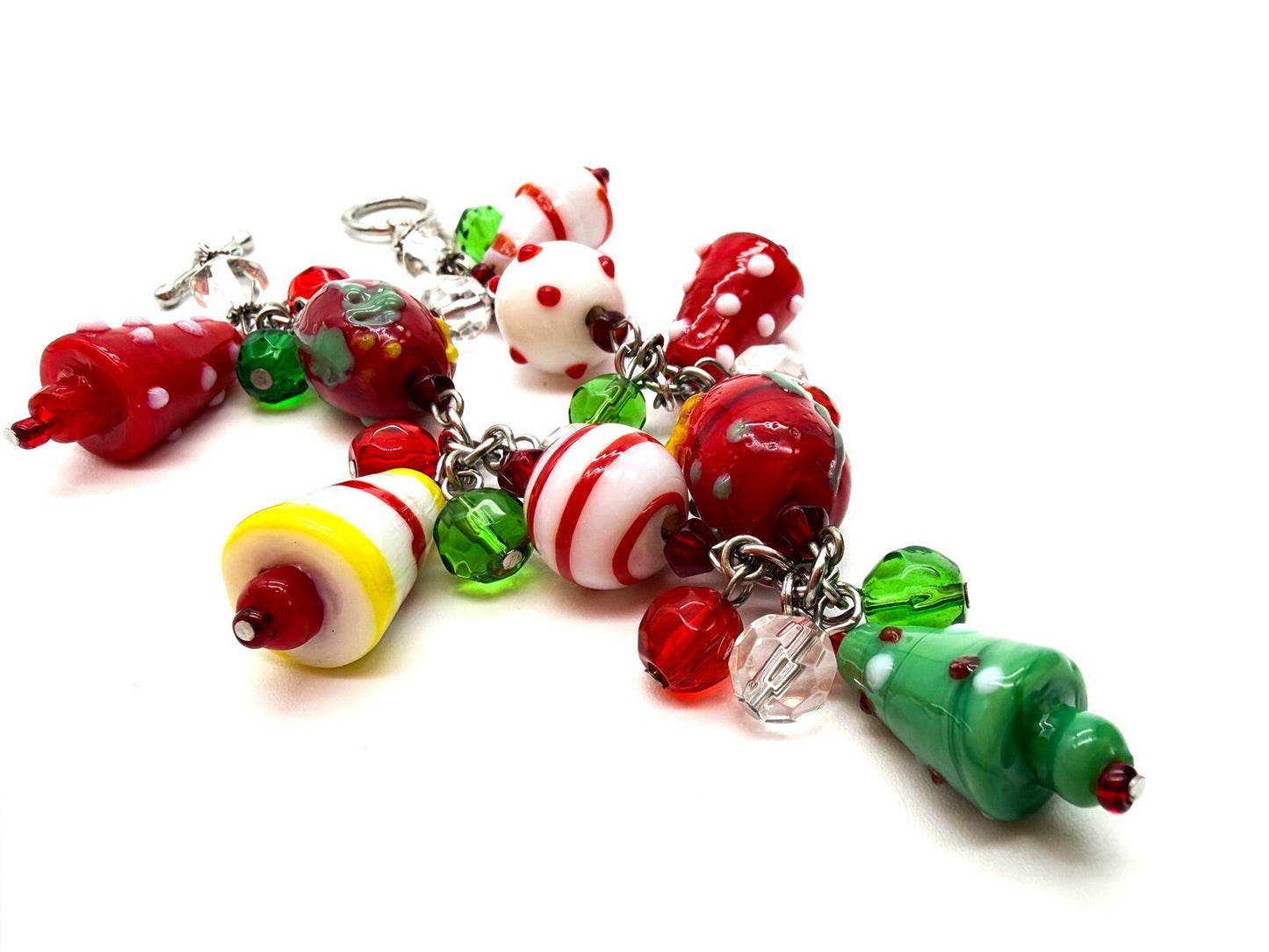 Christmas Charm Bracelet Glass Beads Festive Lampwork Red Green Xmas 8”