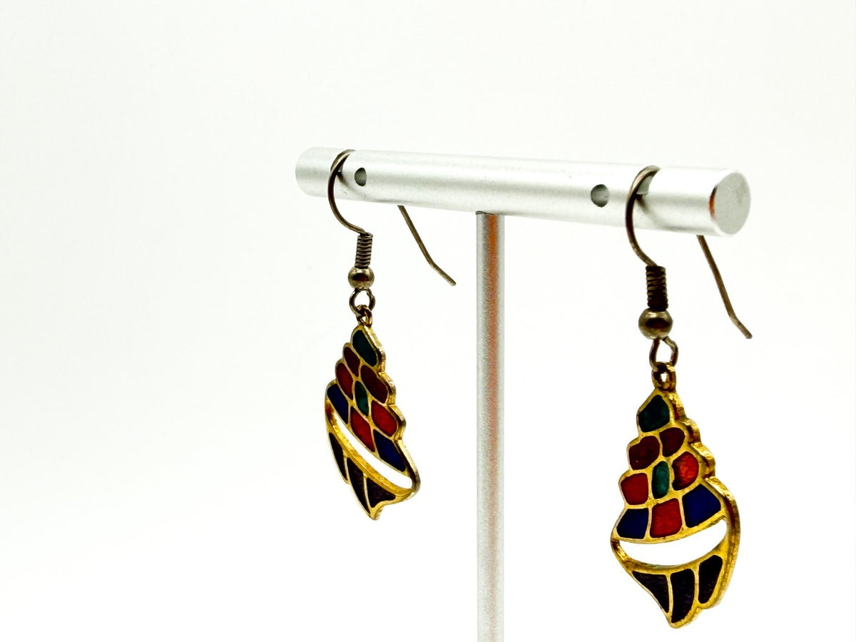 Vintage Cloisonné Enamel Shell Earrings Colourful Gold Tone Retro Multicolour