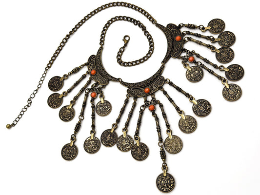 Hollister A&F Bronze Tone Ornate Coin Fringe Boho Statement Necklace