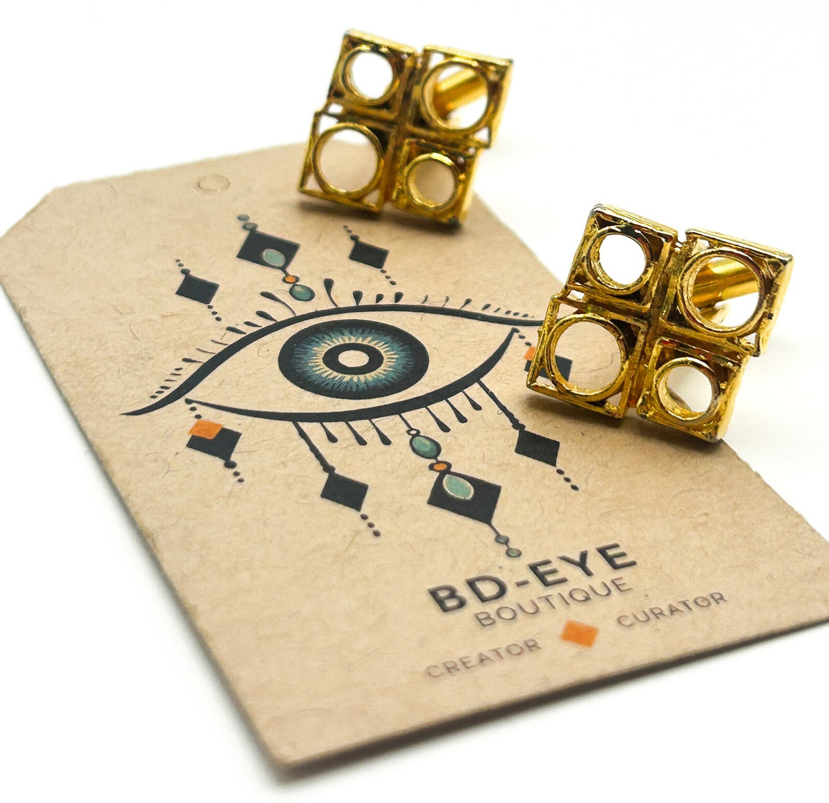 Gold Tone Geometric Square Cufflinks with Circular Cut-Out Design