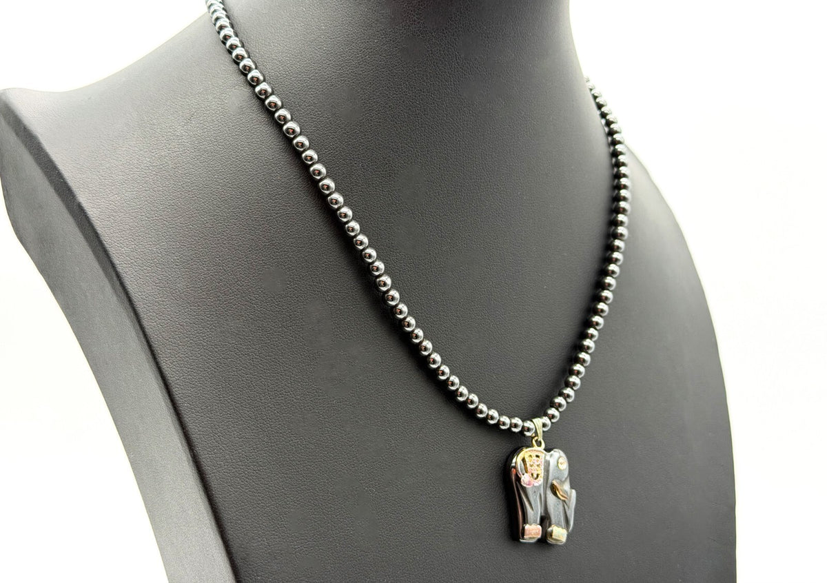 Hematite Bead Necklace with Elephant Pendant – 16.5”