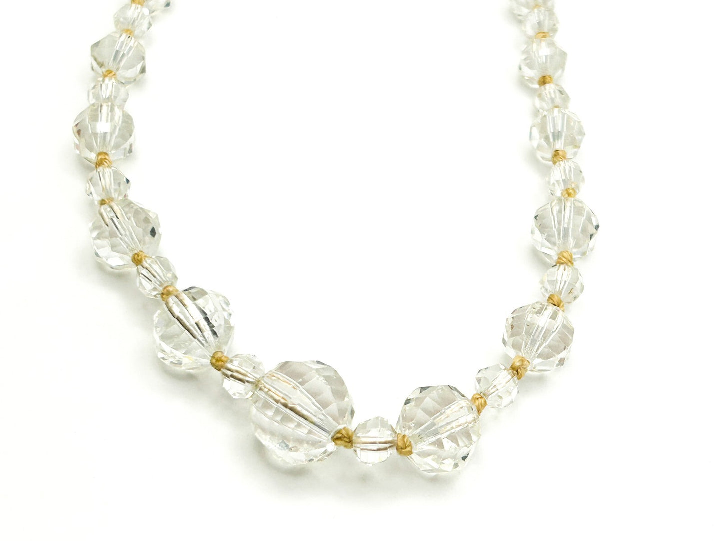 Graduated Clear Crystal Glass Bead Necklace with Faceted Round & Bicone Beads