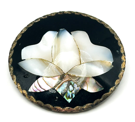 Vintage Alpaca Mexico Mother of Pearl Brooch Abalone Shell Inlay Floral Pin