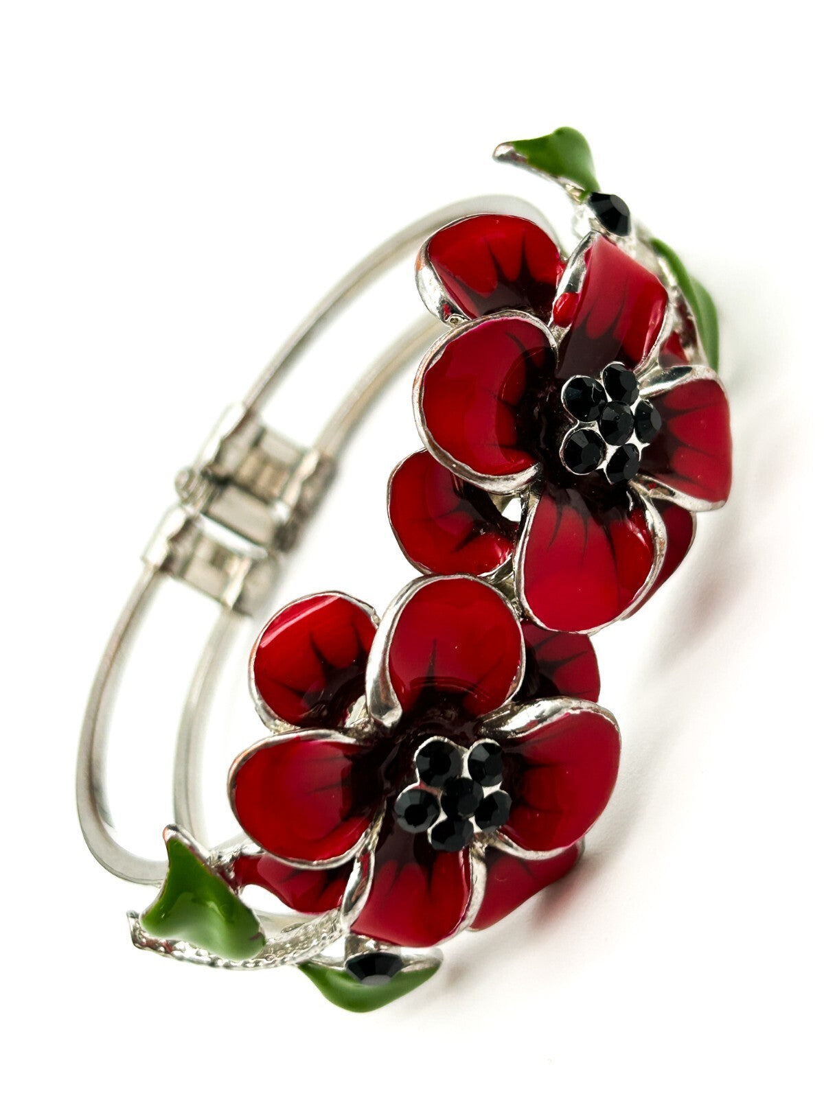Retro Floral Enamel Bracelet Red Flower Snap Bangle Poppy Silver Tone Statement