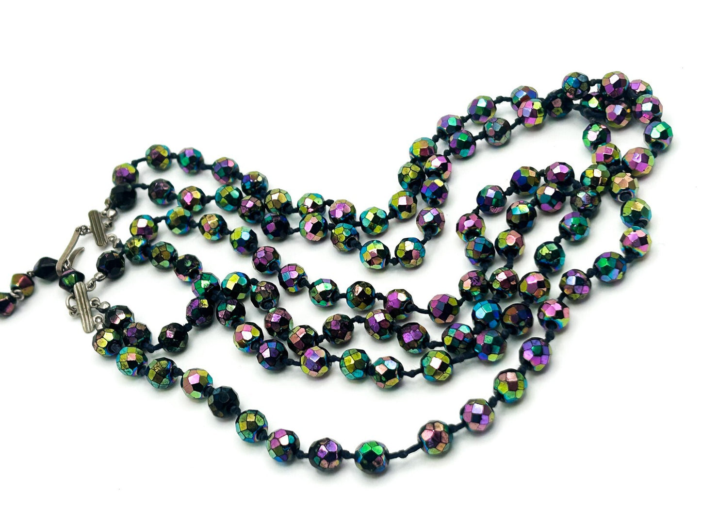 3-Layer Austrian Carnival Glass Faceted Iridescent Aurora Borealis VTG Necklace