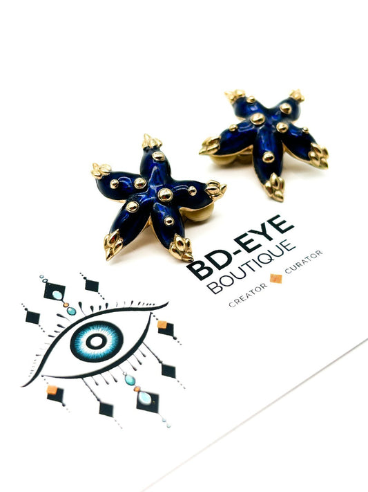 Vintage Gold Tone Cobalt Blue Enamel Starfish Earrings Clip On Retro Coastal