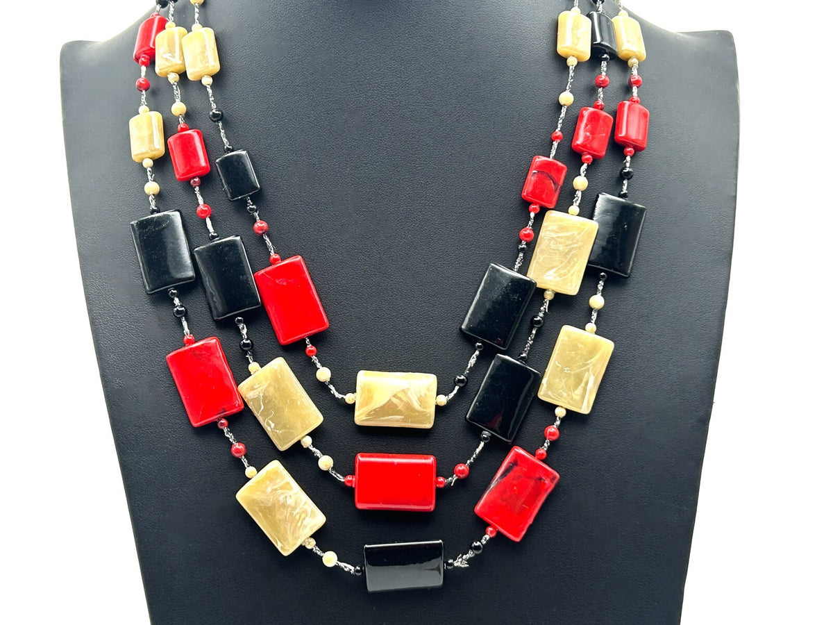 Vintage Klass Multi Strand Necklace Red Black Beige Acrylic Statement Necklace