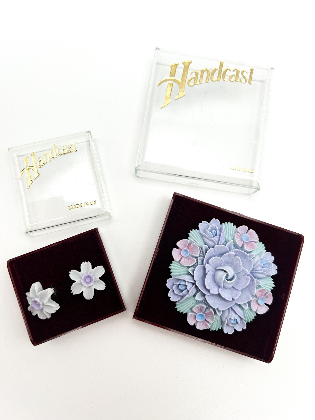 Vintage Handcast Floral Brooch & Earrings Set Pastel Resin Boxed Gift Set
