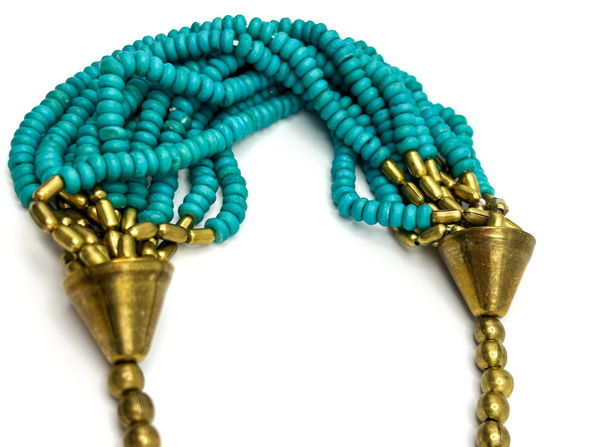 Vintage Turquoise Wood Multi-Strand Beaded Necklace with Gold Tone Caps