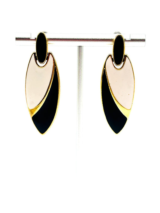 Vintage 1980s Gold Tone Black & White Enamel Marquise Articulated Drop Earrings
