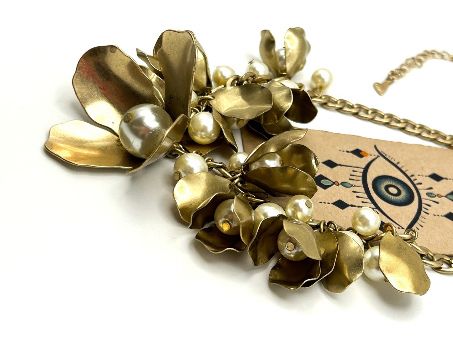 Vintage Per Una Gold Tone Floral Statement Necklace – Faux Pearl Detail, 17”