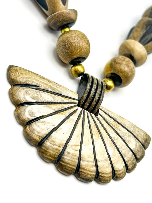 Vintage Carved Wood Beaded Necklace with Ribbed Fan Pendant