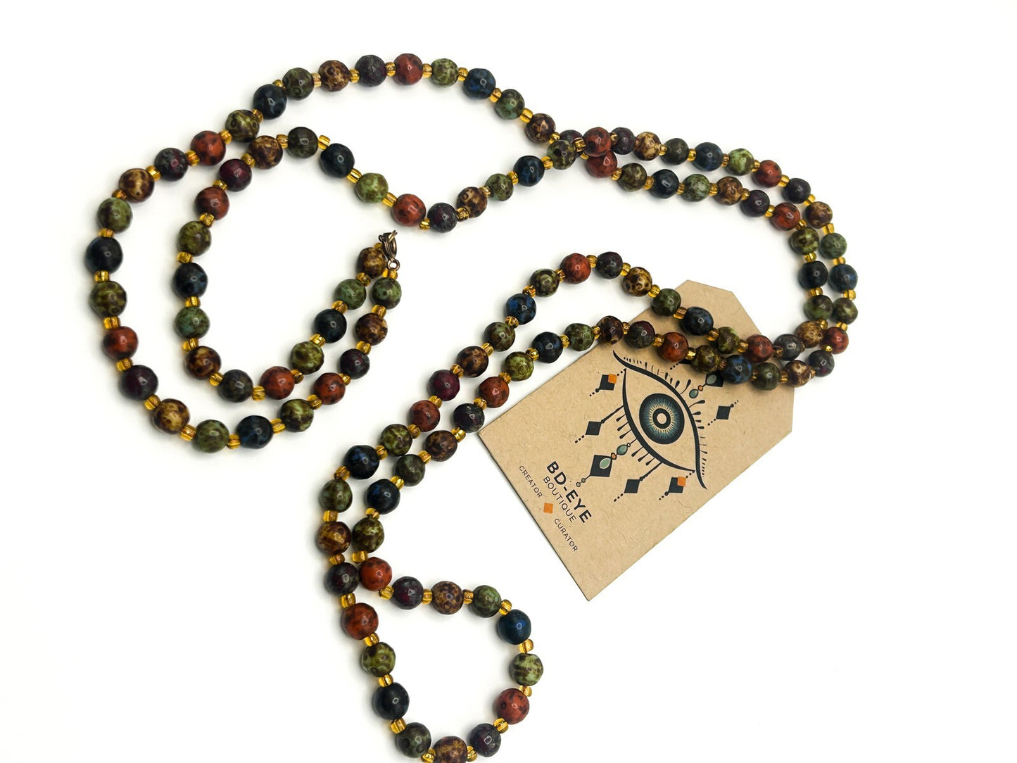 Vintage Mottled Glass Bead Necklace – Green, Orange, Brown & Mustard