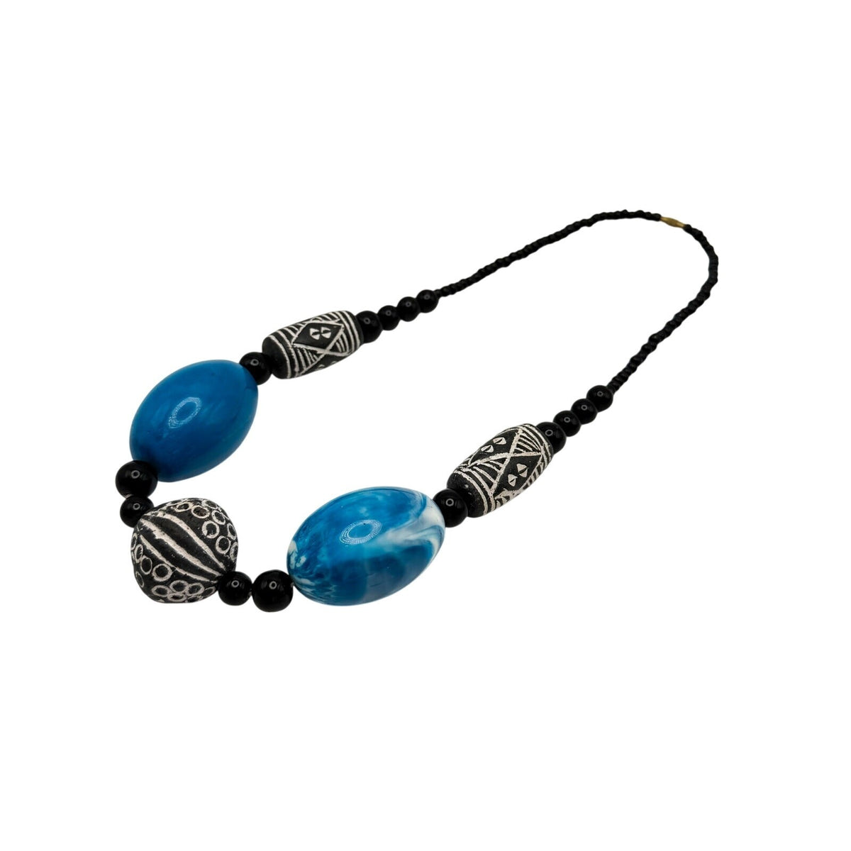 Chunky Vintage Carved Clay and Blue Marble-effect Swirl Beaded Necklace - 20"