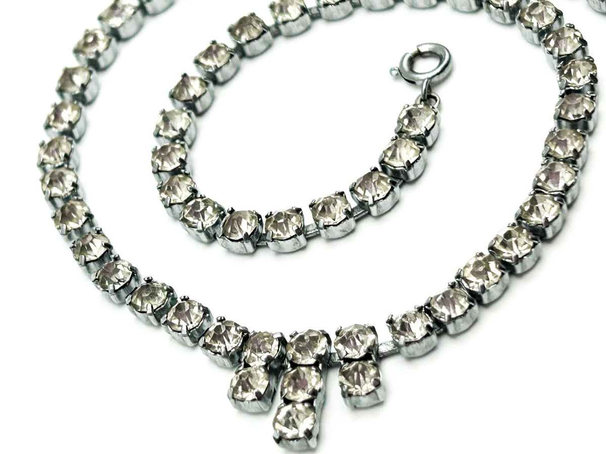 Rhinestone Necklace Silver Tone Clear Crystal Drop Pendant Prong Set Choker 15”