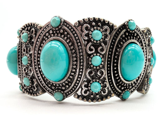 Ornate Faux Turquoise Stretch Cuff Bracelet Silver Tone Statement Boho Statement