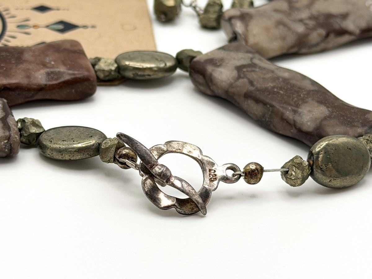 Chunky Carved Jasper Necklace Semi Precious Pyrite & Hematite - Gemstone Boho