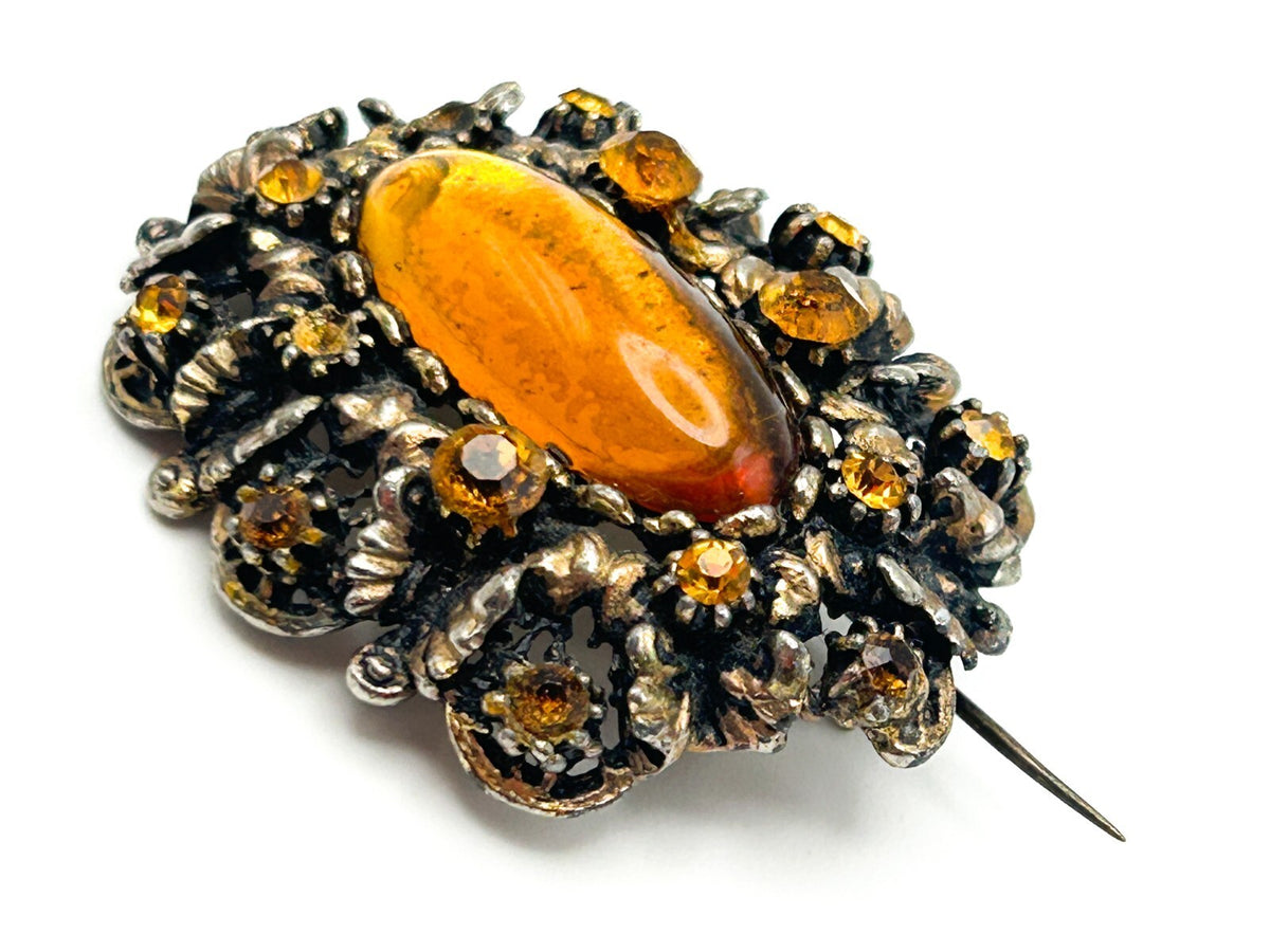 Vintage Amber Glass Oval Cabochon Brooch Rhinestone Ornate Gold Tone Openwork