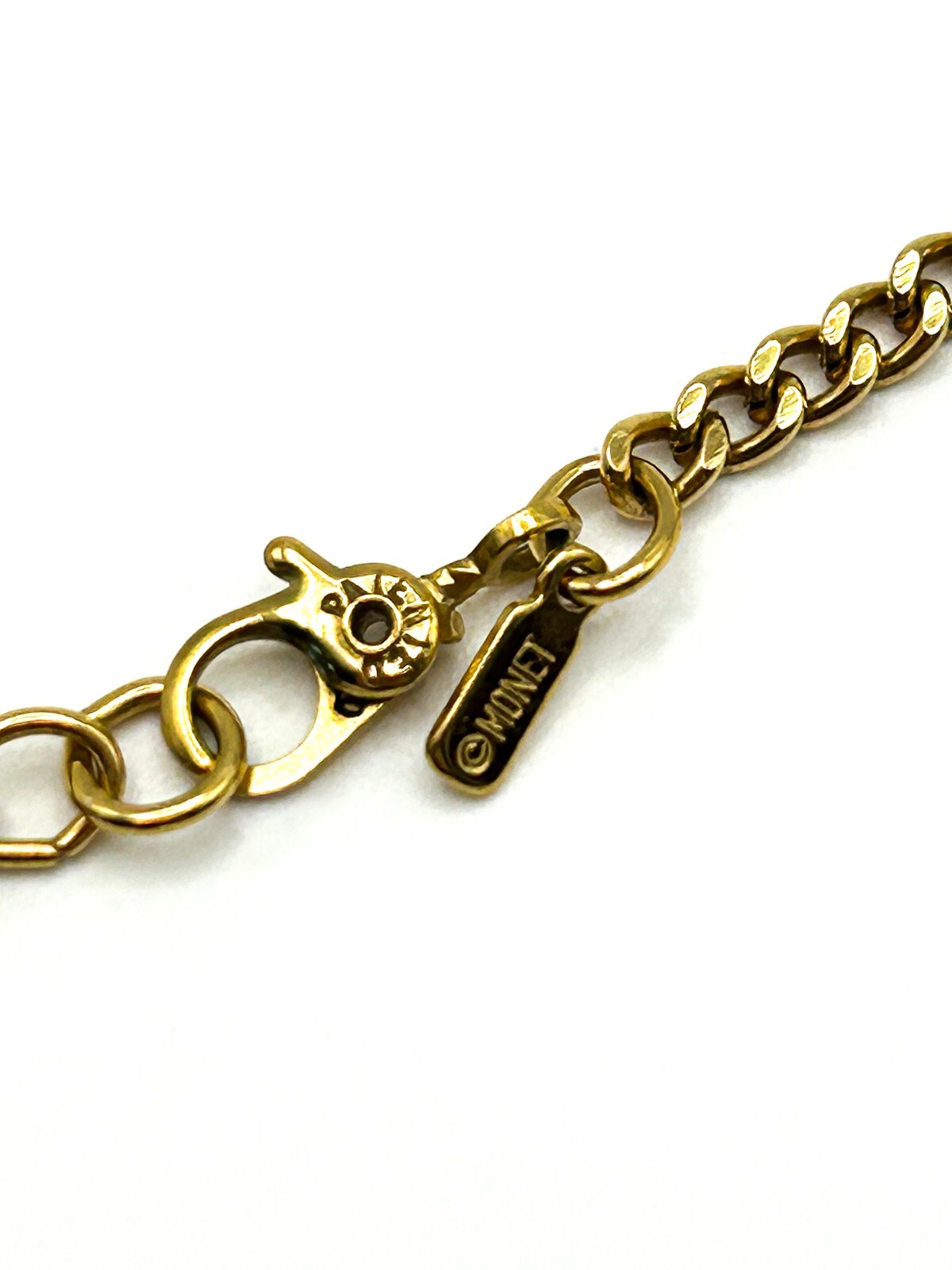 Signed Monet Gold Tone Chain Necklace with Cream Enamel Ribbon Pendant