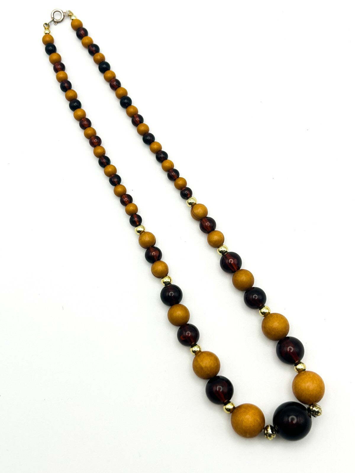 Vintage Wood and Brown Acrylic Beaded Necklace with Gold Tone Spacers 18.5”