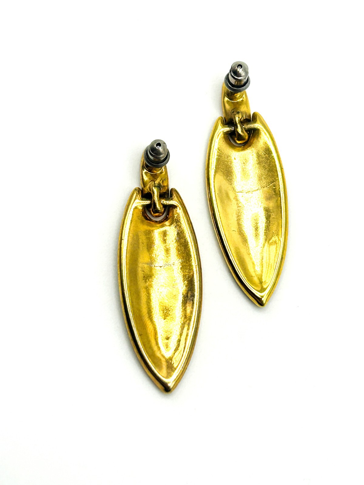 Vintage 1980s Gold Tone Black & White Enamel Marquise Articulated Drop Earrings
