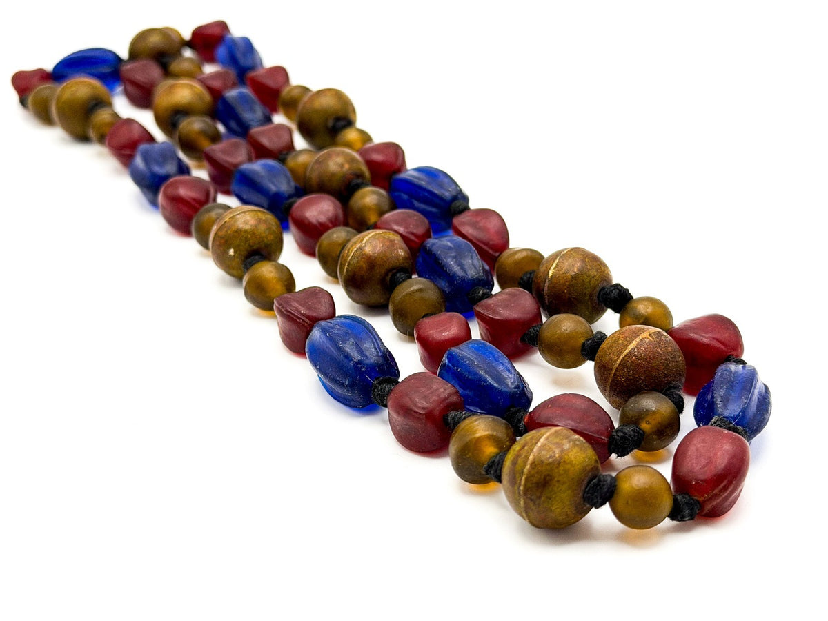 Vintage Blue, Red & Amber Frosted Glass African Trade Bead Necklace, Boho