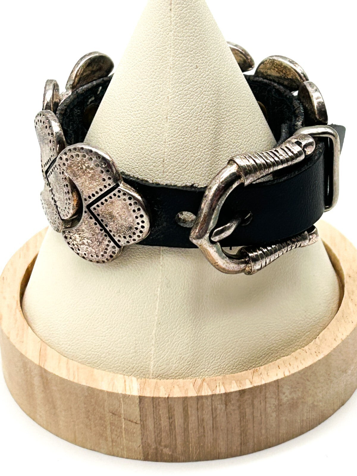 Industrial Silver Tone Cuff Bracelet Black Faux Leather Studded Strap Buckle