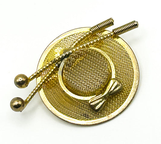 Vintage Gold Tone Hat Brooch Pin Mesh Bow Detail Novelty Round 4cm