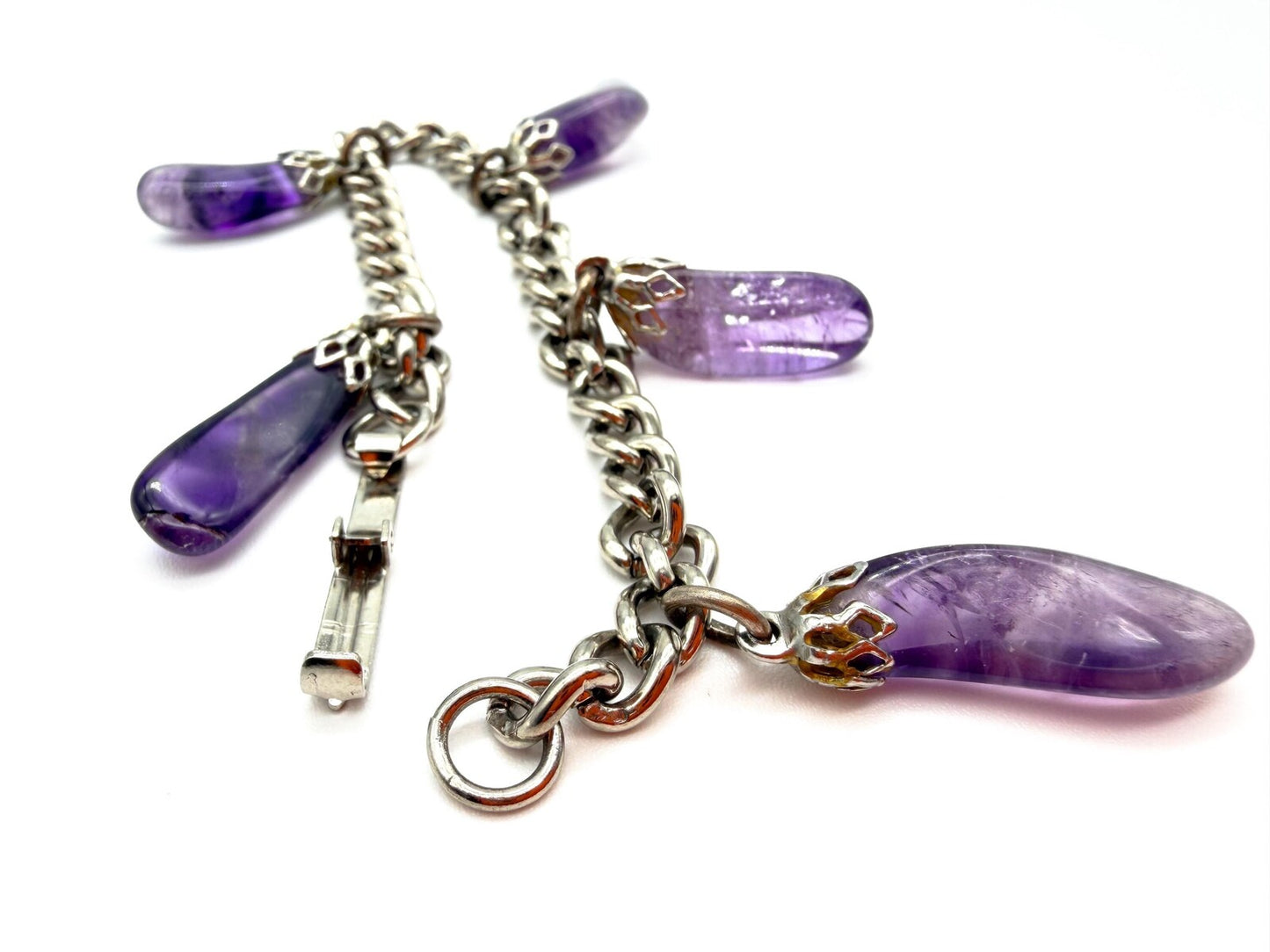 Vintage Amethyst Drop Bracelet Gemstone Charm Bracelet Purple Stone Silver Tone