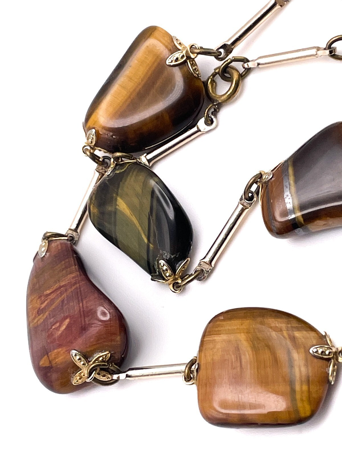 Vintage Chunky Tiger’s Eye Semi Precious Gold Tone Gemstone Necklace