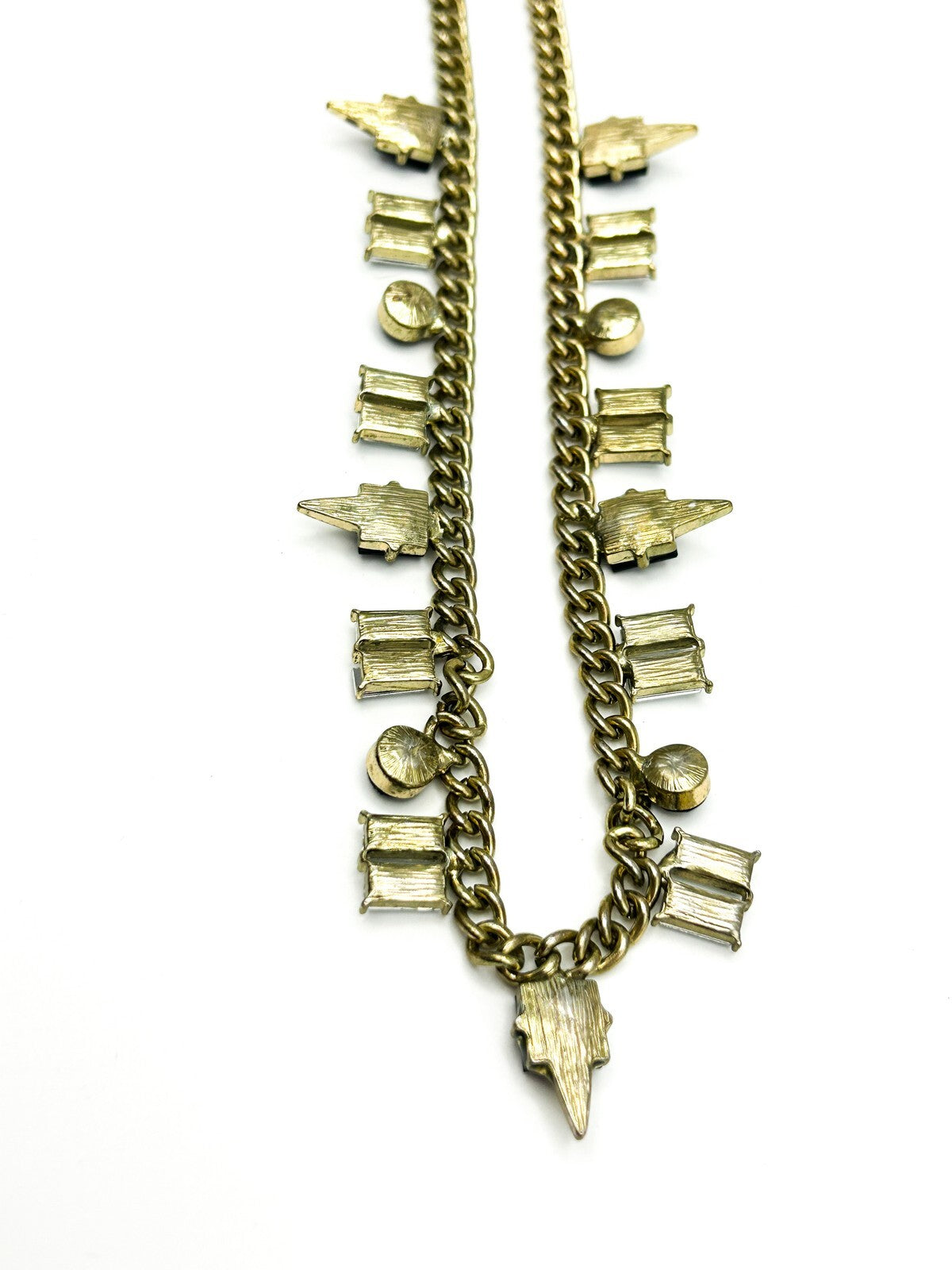 Gold Tone Curb Chain Necklace Black Clear Rhinestone Drop Charms Geometric 19”
