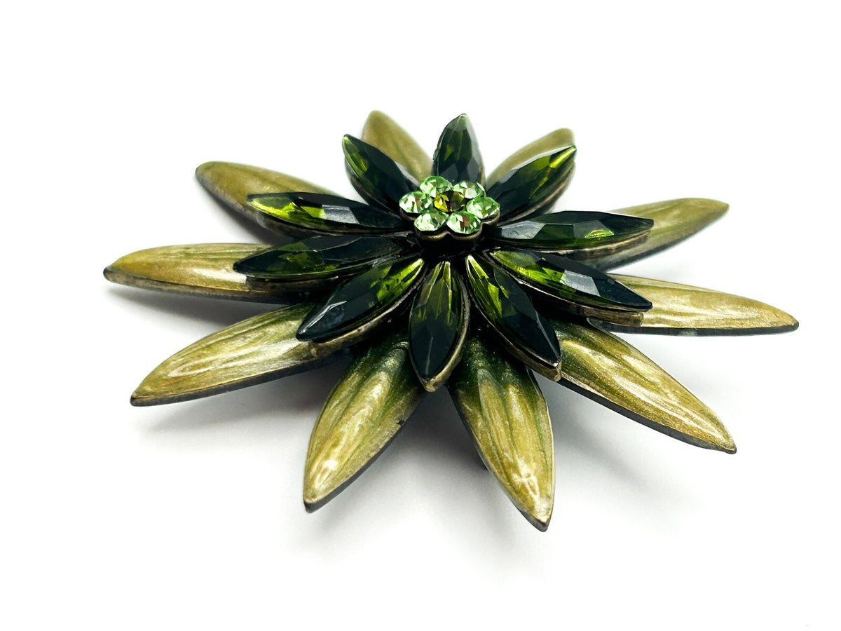 Vintage Green Tones Enamel & Glass Flower Brooch