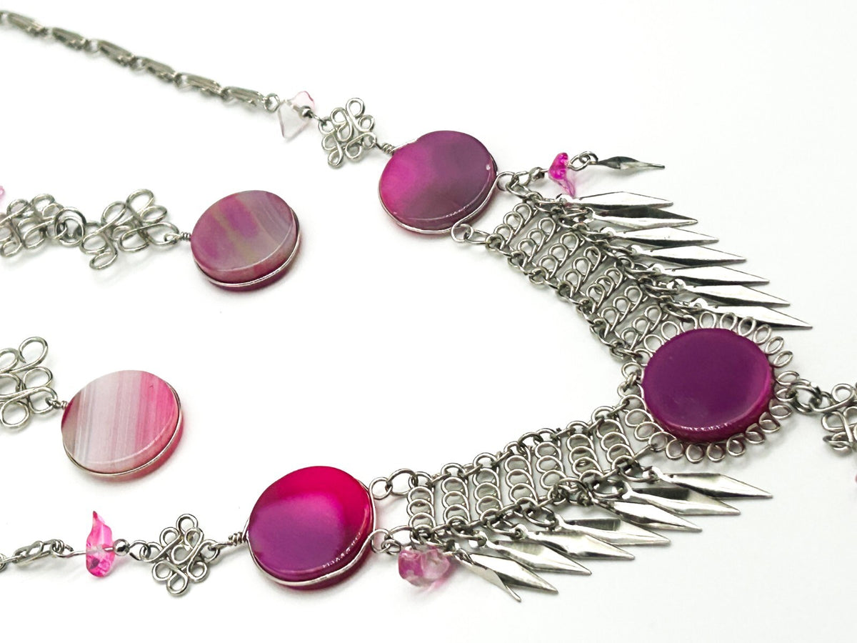 Peruvian Alpaca Necklace Earrings Set Pink Agate Chainmail Fringe Boho Statement