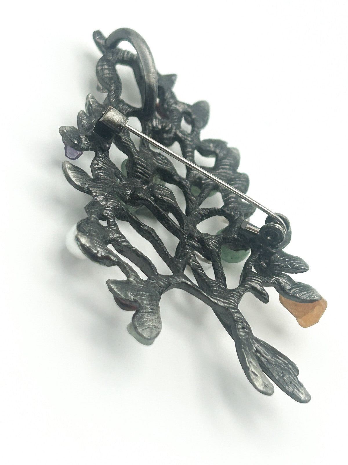Pewter Leaf Tree Branch Gemstone Brooch - Aventurine, Faux pearl, Amethyst