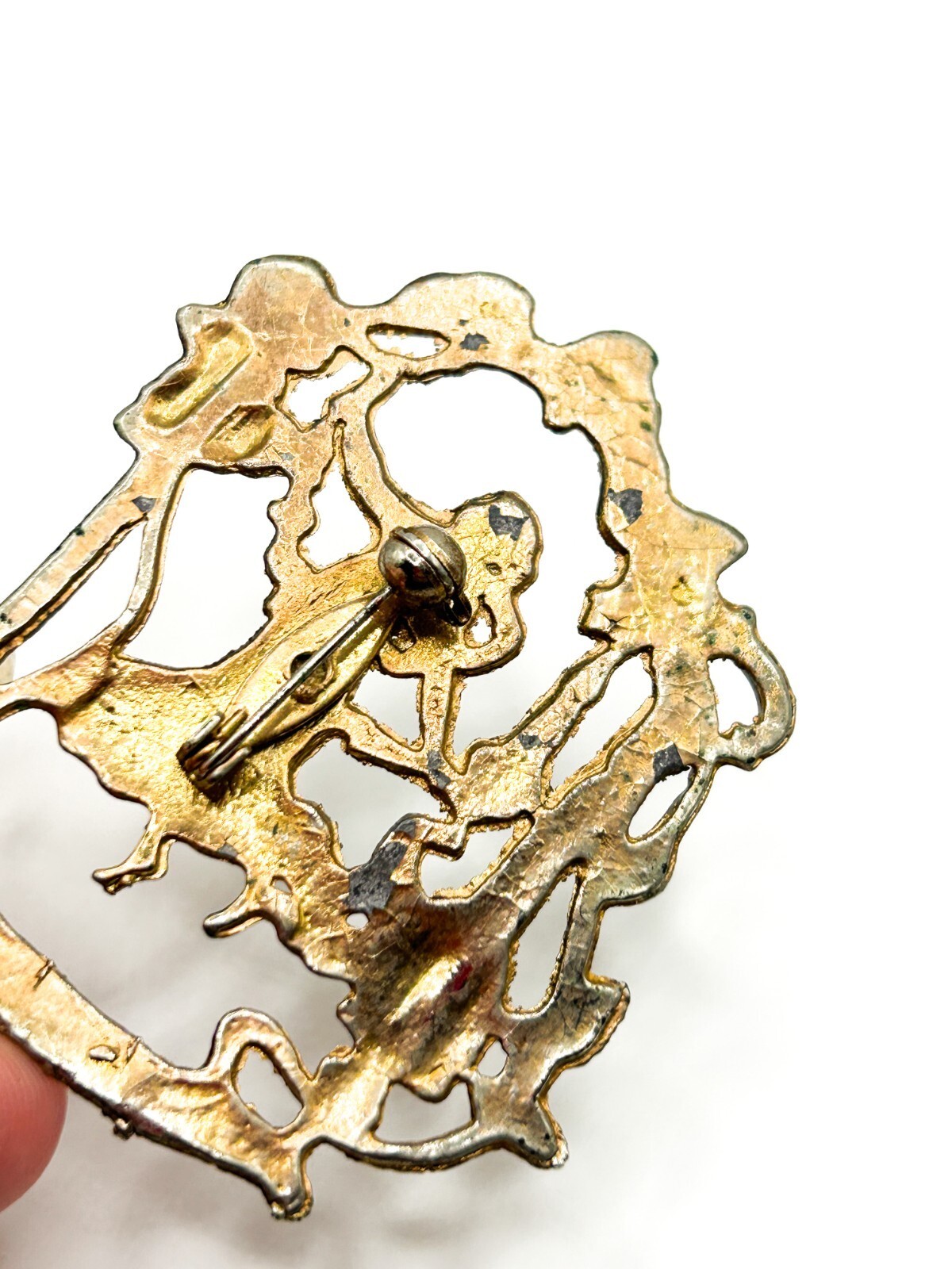 Vintage Art Nouveau Revival Lady Brooch Figural Woman Floral Openwork Gold Tone