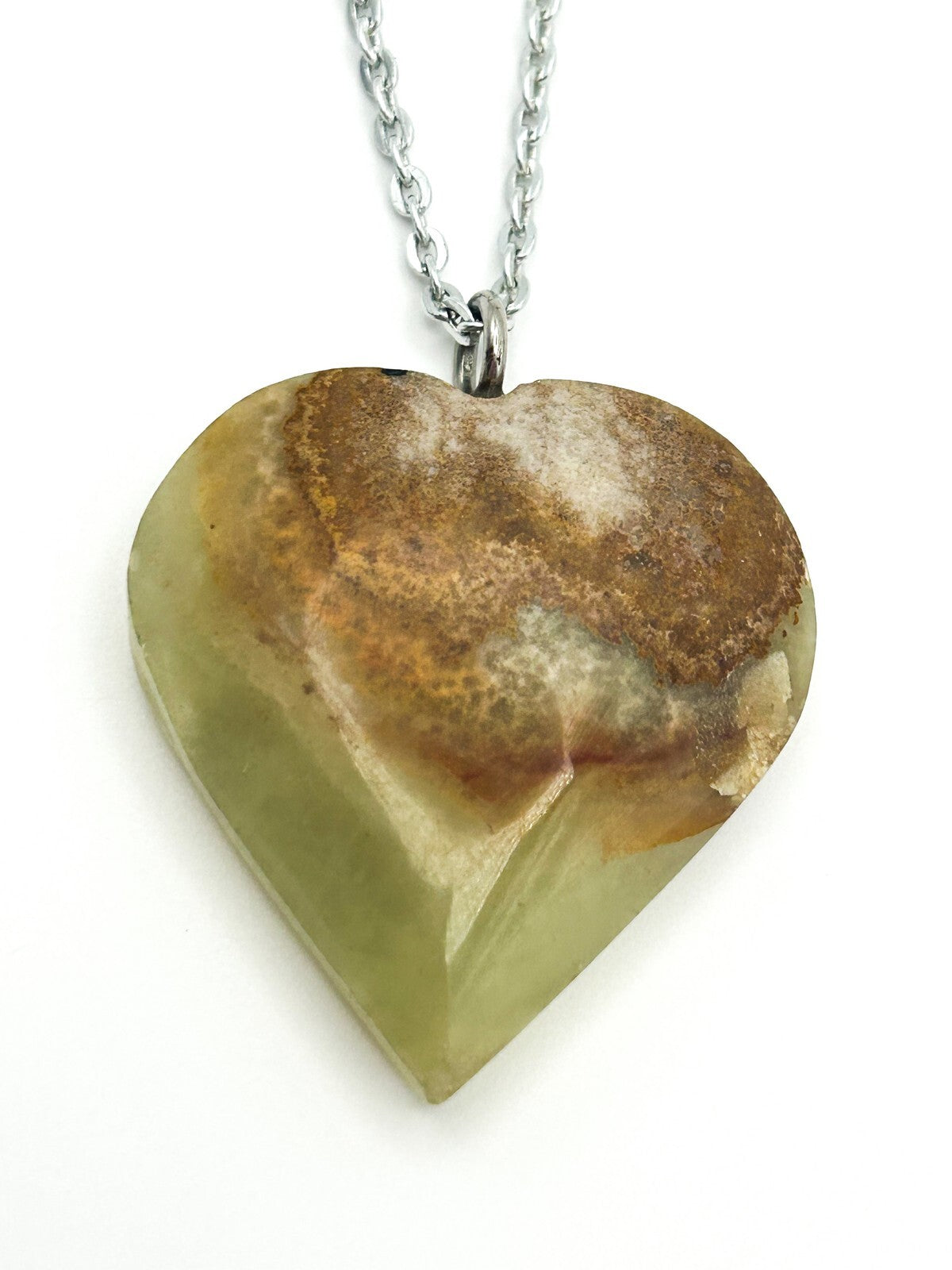 Green Onyx Gemstone Heart Long Pendant Necklace on Silver Tone Chain Boho