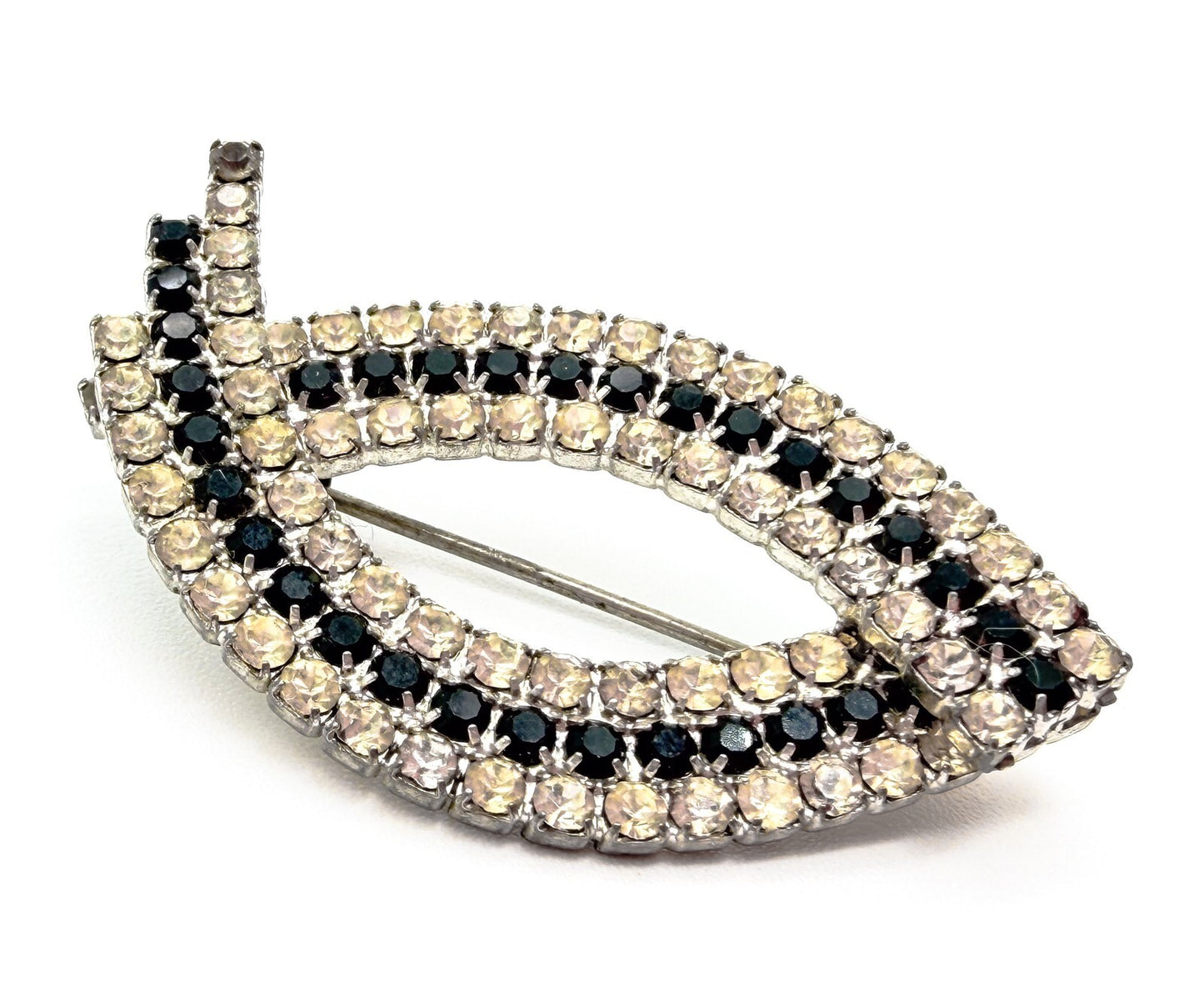 Art Deco Style Rhinestone Brooch Blue Clear Crystal Leaf Marquise SilverTone Pin
